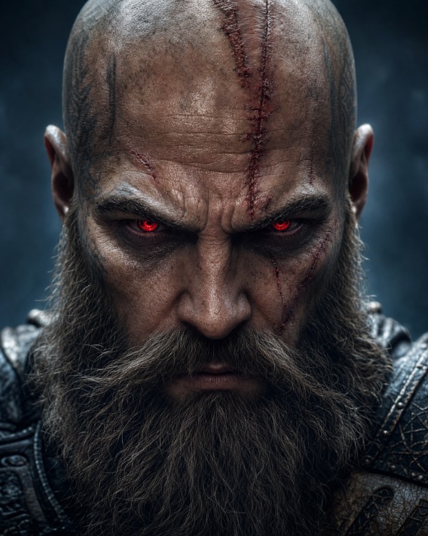 A rugged, bald warrior with a thick, textured beard dominates the frame, his skin display…